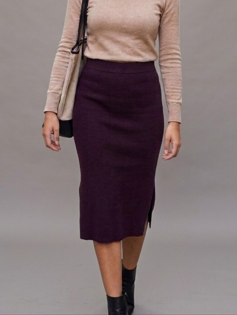 Express Ribbed Knit Midi Pencil Skirt Burgundy Plum Side Slits - Size XS - NWOT